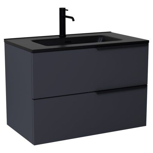 HD Cremona Matt Antracit 80 komplett fürdőszoba bútor szett fali mosdószekrénnyel, matt fekete fogantyúkkal, matt fekete slim mosdóval, tükörrel és magasszekrénnyel