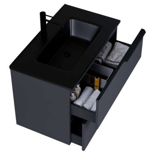 HD Cremona Matt Antracit 80 komplett fürdőszoba bútor szett fali mosdószekrénnyel, matt fekete fogantyúkkal, matt fekete slim mosdóval, tükörrel és magasszekrénnyel