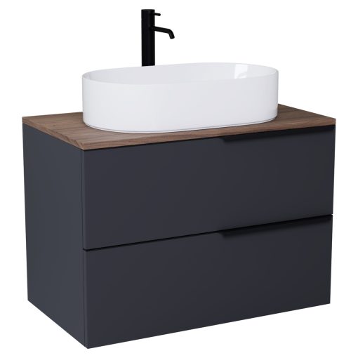HD Carona Matt Antracit 80 fali mosdószekrény tölgyfa színű mosdópulttal és matt fekete fogantyúkkal