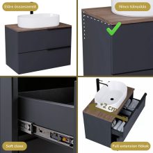 HD Carona Matt Antracit 80 fali mosdószekrény tölgyfa színű mosdópulttal és matt fekete fogantyúkkal