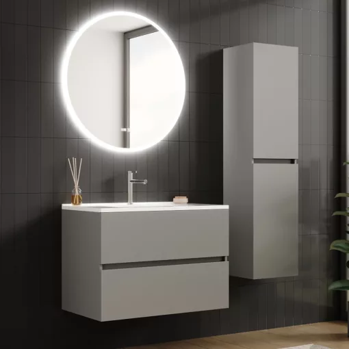 HD Aria Fume Grey 80 komplett fürdőszoba bútor fali mosdószekrénnyel, fényes fehér slim mosdóval és tükörrel