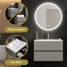 HD Aria Fume Grey 80 komplett fürdőszoba bútor fali mosdószekrénnyel, fényes fehér slim mosdóval és tükörrel