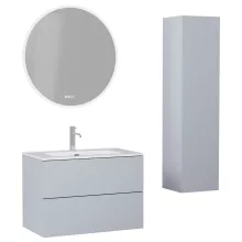 HD Aria Pro Fume Grey 80 komplett fürdőszoba bútor szett fali push-to-open mosdószekrénnyel, fényes fehér slim mosdóval, tükörrel és magasszekrénnyel