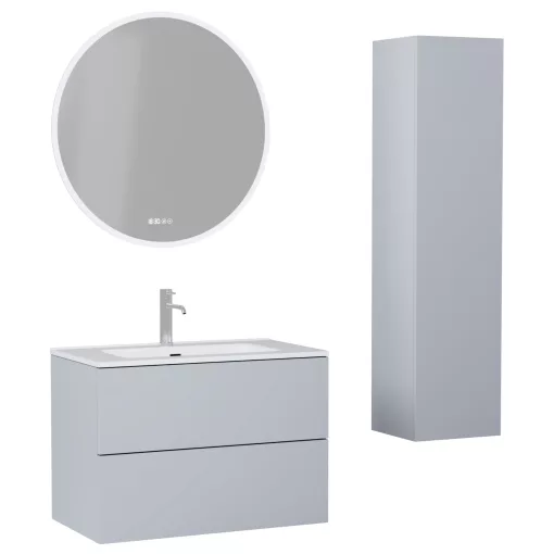 HD Aria Pro Fume Grey 80 komplett fürdőszoba bútor szett fali push-to-open mosdószekrénnyel, fényes fehér slim mosdóval, tükörrel és magasszekrénnyel