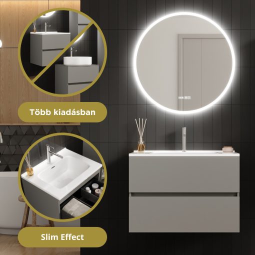 HD Aria Fume Grey 80 komplett fürdőszoba bútor szett fali mosdószekrénnyel, fényes fehér slim mosdóval, tükörrel és magasszekrénnyel