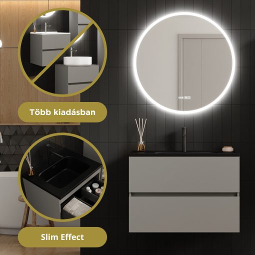 HD Aria Pro Fume Grey 80 fali mosdószekrény, push-to-open mechanizmussal, matt fekete slim mosdóval