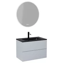 HD Aria Pro Fume Grey 80 komplett fürdőszoba bútor fali push-to-open mosdószekrénnyel, matt fekete slim mosdóval és tükörrel