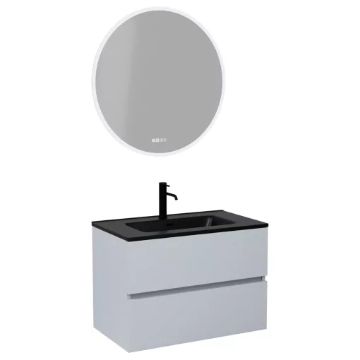 HD Aria Fume Grey 80 komplett fürdőszoba bútor fali mosdószekrénnyel, matt fekete slim mosdóval és tükörrel