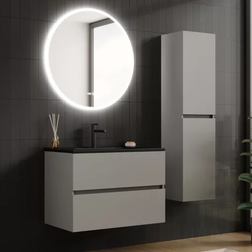 HD Aria Fume Grey 80 komplett fürdőszoba bútor fali mosdószekrénnyel, matt fekete slim mosdóval és tükörrel