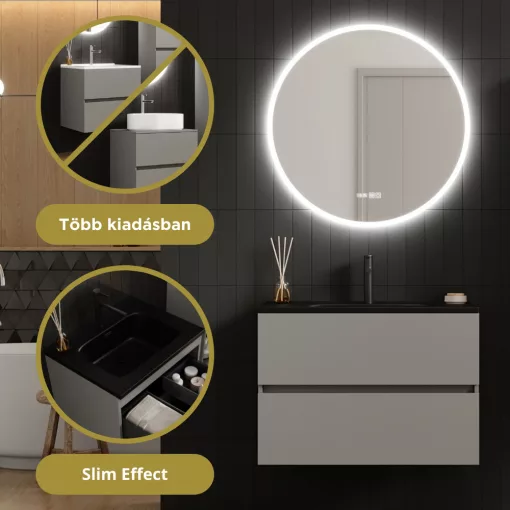 HD Aria Fume Grey 80 komplett fürdőszoba bútor fali mosdószekrénnyel, matt fekete slim mosdóval és tükörrel