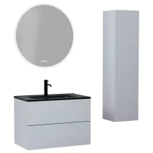 HD Aria Pro Fume Grey 80 komplett fürdőszoba bútor szett fali push-to-open mosdószekrénnyel, matt fekete slim mosdóval, tükörrel és magasszekrénnyel