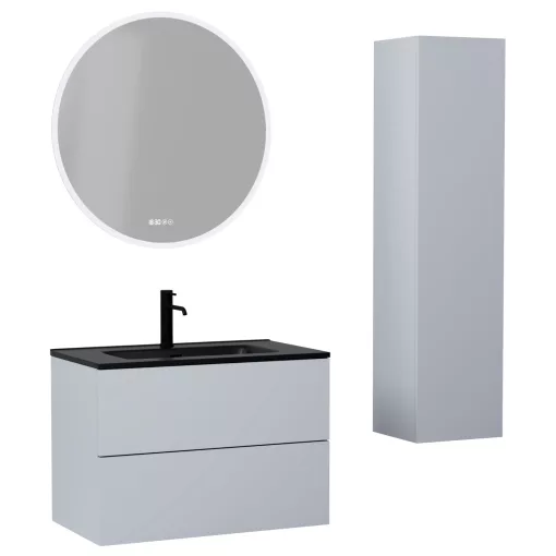 HD Aria Pro Fume Grey 80 komplett fürdőszoba bútor szett fali push-to-open mosdószekrénnyel, matt fekete slim mosdóval, tükörrel és magasszekrénnyel