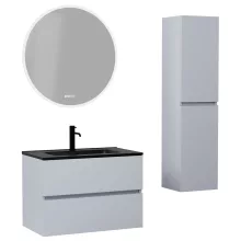 HD Aria Fume Grey 80 komplett fürdőszoba bútor szett fali mosdószekrénnyel, matt fekete slim mosdóval, tükörrel és magasszekrénnyel