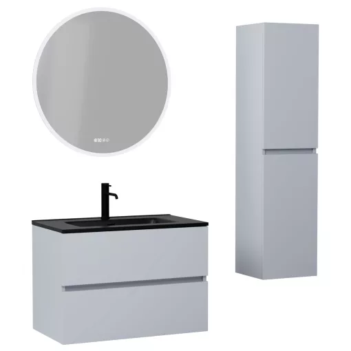 HD Aria Fume Grey 80 komplett fürdőszoba bútor szett fali mosdószekrénnyel, matt fekete slim mosdóval, tükörrel és magasszekrénnyel