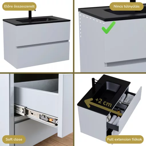 HD Aria Fume Grey 80 komplett fürdőszoba bútor szett fali mosdószekrénnyel, matt fekete slim mosdóval, tükörrel és magasszekrénnyel