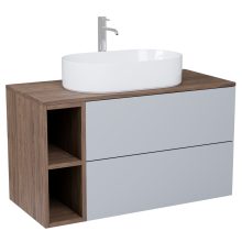 HD Zyra Pro+ Fume Grey 100 fali mosdószekrény, push-to-open mechanizmussal, oak mosdópulttal és kiegészítő oak fali modullal