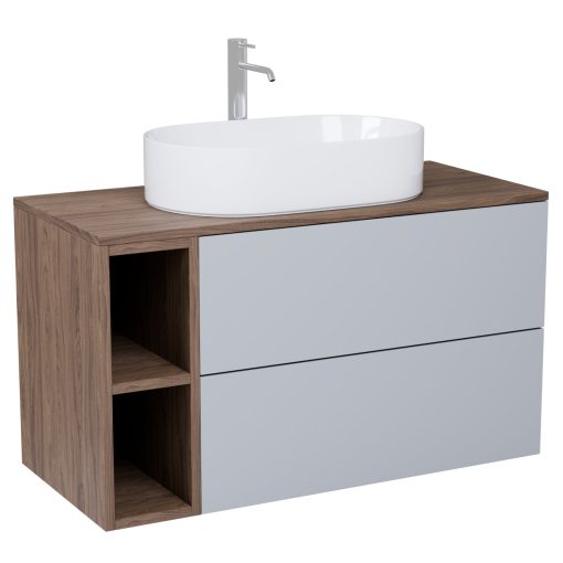 HD Zyra Pro+ Fume Grey 100 fali mosdószekrény, push-to-open mechanizmussal, oak mosdópulttal és kiegészítő oak fali modullal