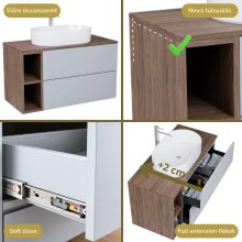 HD Zyra Pro+ Fume Grey 100 fali mosdószekrény, push-to-open mechanizmussal, oak mosdópulttal és kiegészítő oak fali modullal