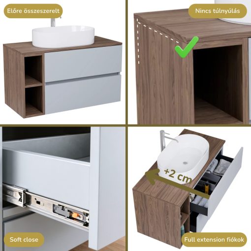 HD Zyra+ Fume Grey 100 fali mosdószekrény oak mosdópulttal és kiegészítő oak fali modullal