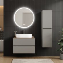 HD Zyra Pro Fume Grey 80 komplett fürdőszoba bútor fali push-to-open mosdószekrénnyel, oak mosdópulttal és tükörrel