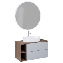 HD Zyra Pro+ Fume Grey 100 komplett fürdőszoba bútor fali push-to-open mosdószekrénnyel, oak mosdópulttal, kiegészítő oak fali modullal és tükörrel