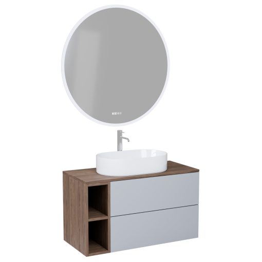 HD Zyra Pro+ Fume Grey 100 komplett fürdőszoba bútor fali push-to-open mosdószekrénnyel, oak mosdópulttal, kiegészítő oak fali modullal és tükörrel