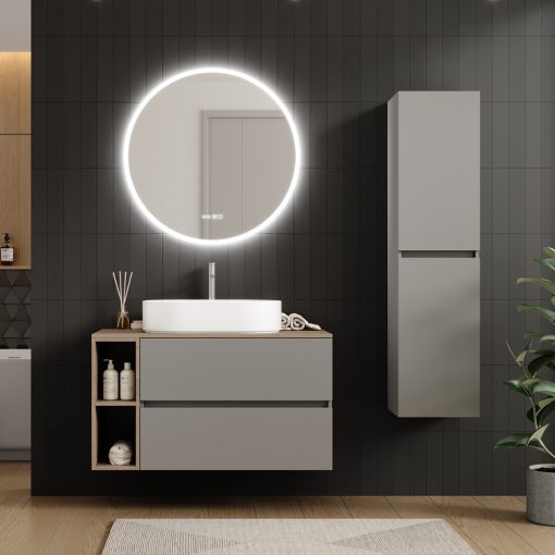 HD Zyra Pro+ Fume Grey 100 komplett fürdőszoba bútor fali push-to-open mosdószekrénnyel, oak mosdópulttal, kiegészítő oak fali modullal és tükörrel