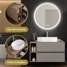 HD Zyra Pro+ Fume Grey 100 komplett fürdőszoba bútor fali push-to-open mosdószekrénnyel, oak mosdópulttal, kiegészítő oak fali modullal és tükörrel