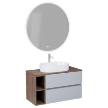 HD Zyra+ Fume Grey 100 komplett fürdőszoba bútor fali mosdószekrénnyel, oak mosdópulttal, kiegészítő oak fali modullal és tükörrel