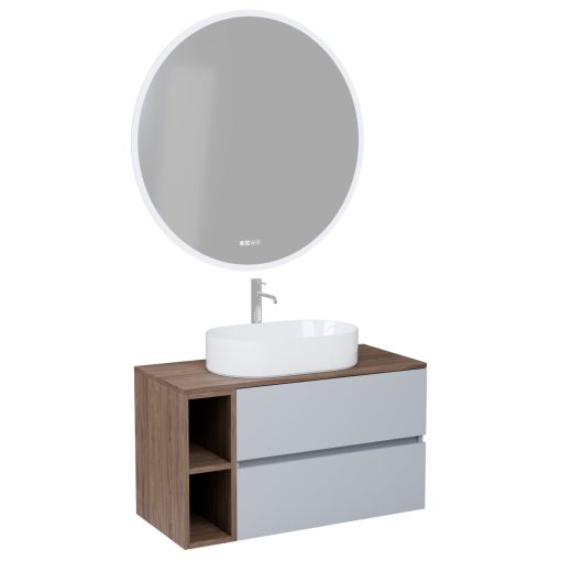 HD Zyra+ Fume Grey 100 komplett fürdőszoba bútor fali mosdószekrénnyel, oak mosdópulttal, kiegészítő oak fali modullal és tükörrel