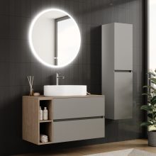 HD Zyra+ Fume Grey 100 komplett fürdőszoba bútor fali mosdószekrénnyel, oak mosdópulttal, kiegészítő oak fali modullal és tükörrel