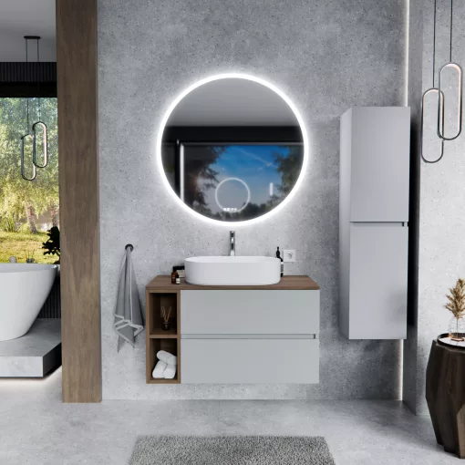 HD Zyra+ Fume Grey 100 komplett fürdőszoba bútor fali mosdószekrénnyel, oak mosdópulttal, kiegészítő oak fali modullal és tükörrel