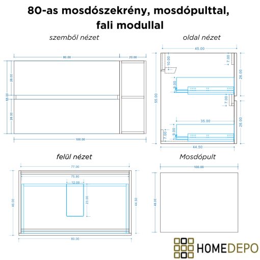 HD Zyra+ Fume Grey 100 komplett fürdőszoba bútor fali mosdószekrénnyel, oak mosdópulttal, kiegészítő oak fali modullal és tükörrel