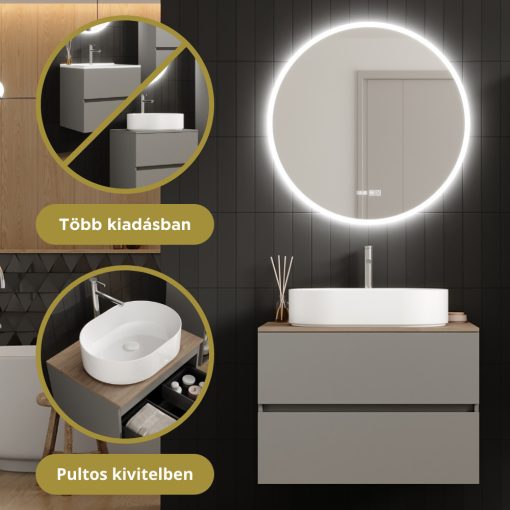 HD Zyra Fume Grey 80 komplett fürdőszoba bútor fali mosdószekrénnyel, oak mosdópulttal és tükörrel