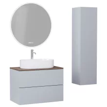 HD Zyra Pro Fume Grey 80 komplett fürdőszoba bútor szett fali push-to-open mosdószekrénnyel, oak mosdópulttal, tükörrel és magasszekrénnyel