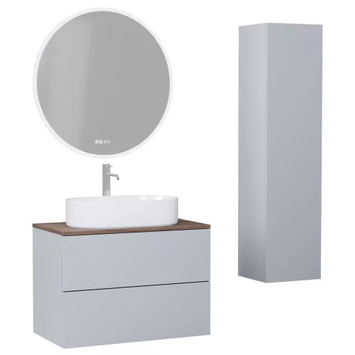 HD Zyra Pro Fume Grey 80 komplett fürdőszoba bútor szett fali push-to-open mosdószekrénnyel, oak mosdópulttal, tükörrel és magasszekrénnyel