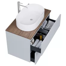 HD Zyra Pro Fume Grey 80 komplett fürdőszoba bútor szett fali push-to-open mosdószekrénnyel, oak mosdópulttal, tükörrel és magasszekrénnyel