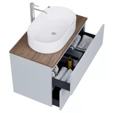 HD Zyra Pro Fume Grey 80 komplett fürdőszoba bútor szett fali push-to-open mosdószekrénnyel, oak mosdópulttal, tükörrel és magasszekrénnyel
