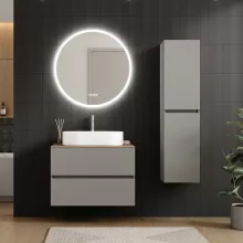 HD Zyra Pro Fume Grey 80 komplett fürdőszoba bútor szett fali push-to-open mosdószekrénnyel, oak mosdópulttal, tükörrel és magasszekrénnyel