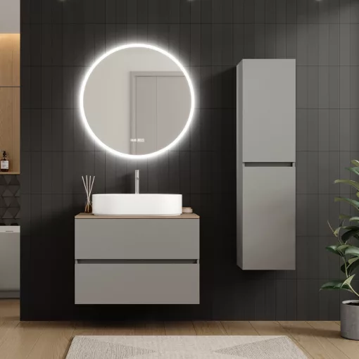 HD Zyra Pro Fume Grey 80 komplett fürdőszoba bútor szett fali push-to-open mosdószekrénnyel, oak mosdópulttal, tükörrel és magasszekrénnyel