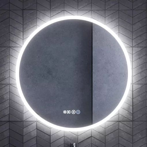 HD Zyra Pro Fume Grey 80 komplett fürdőszoba bútor szett fali push-to-open mosdószekrénnyel, oak mosdópulttal, tükörrel és magasszekrénnyel