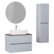 HD Zyra Fume Grey 80 komplett fürdőszoba bútor szett fali mosdószekrénnyel, oak mosdópulttal, tükörrel és magasszekrénnyel