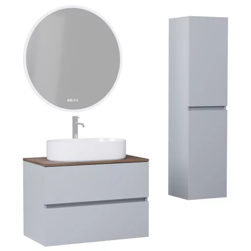 HD Zyra Fume Grey 80 komplett fürdőszoba bútor szett fali mosdószekrénnyel, oak mosdópulttal, tükörrel és magasszekrénnyel