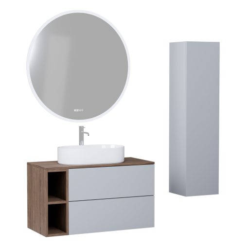 HD Zyra Pro+ Fume Grey 100 komplett fürdőszoba bútor szett fali push-to-open mosdószekrénnyel, oak mosdópulttal, kiegészítő oak fali modullal, tükörrel és magasszekrénnyel