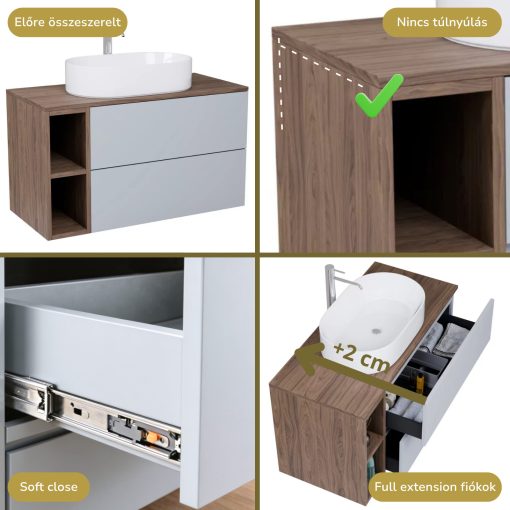 HD Zyra Pro+ Fume Grey 100 komplett fürdőszoba bútor szett fali push-to-open mosdószekrénnyel, oak mosdópulttal, kiegészítő oak fali modullal, tükörrel és magasszekrénnyel