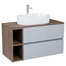 HD Zyra+ Fume Grey 100 komplett fürdőszoba bútor szett fali mosdószekrénnyel, oak mosdópulttal, kiegészítő oak fali modullal, tükörrel és magasszekrénnyel