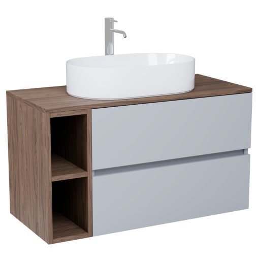 HD Zyra+ Fume Grey 100 komplett fürdőszoba bútor szett fali mosdószekrénnyel, oak mosdópulttal, kiegészítő oak fali modullal, tükörrel és magasszekrénnyel