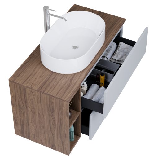 HD Zyra+ Fume Grey 100 komplett fürdőszoba bútor szett fali mosdószekrénnyel, oak mosdópulttal, kiegészítő oak fali modullal, tükörrel és magasszekrénnyel