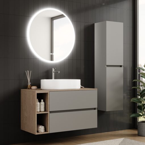 HD Zyra+ Fume Grey 100 komplett fürdőszoba bútor szett fali mosdószekrénnyel, oak mosdópulttal, kiegészítő oak fali modullal, tükörrel és magasszekrénnyel