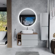 HD Zyra+ Fume Grey 100 komplett fürdőszoba bútor szett fali mosdószekrénnyel, oak mosdópulttal, kiegészítő oak fali modullal, tükörrel és magasszekrénnyel